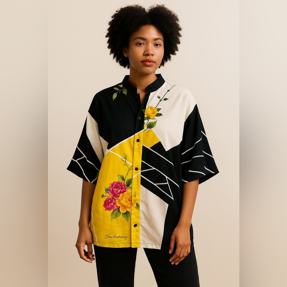 Sana Safinaz Small Short Sleeves Batwing Asymmetrical Floral Print Tunic Top